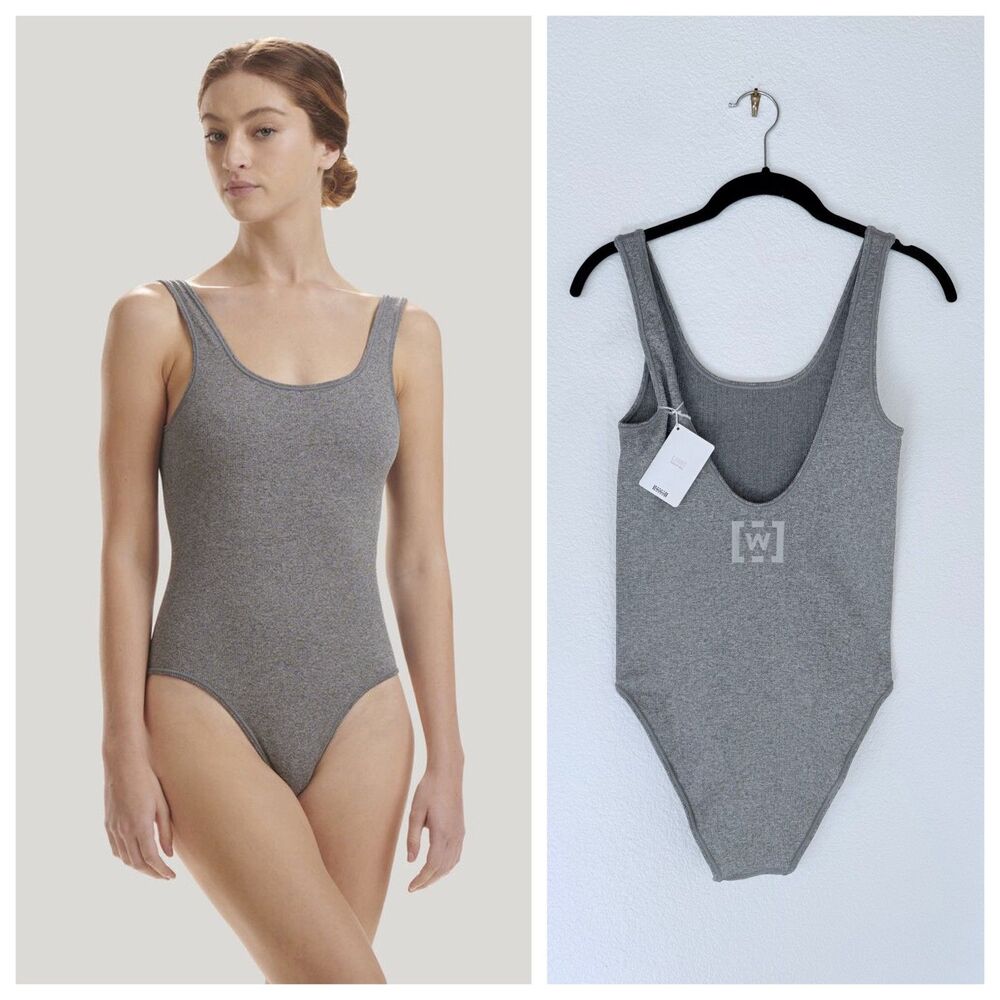 NWT Wolford Shaping Athleisure Logo Scoop Neck Bodysuit in Grey Melange Size S